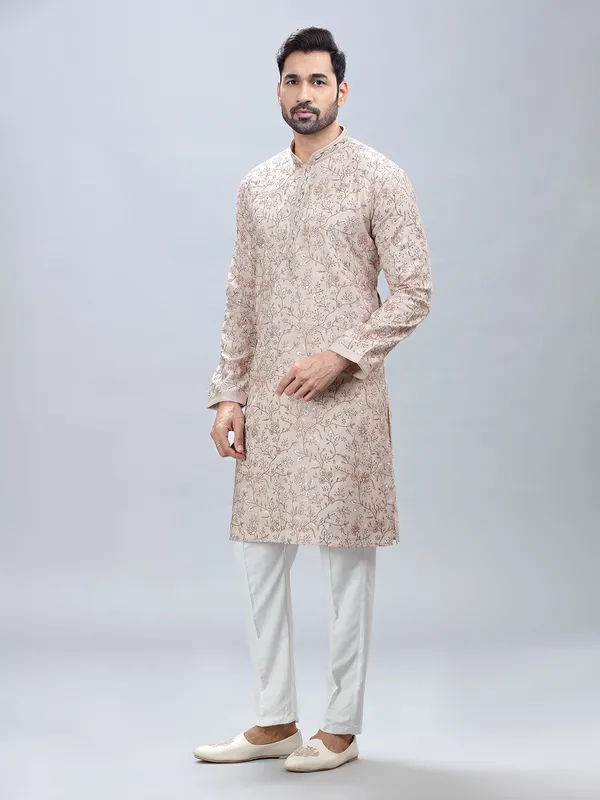 Beige shade cotton silk kurta set for men
