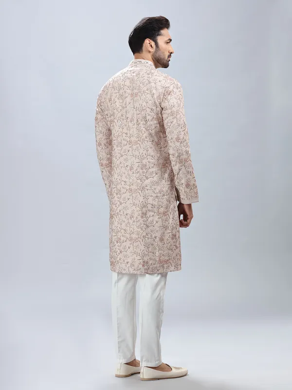 Beige shade cotton silk kurta set for men