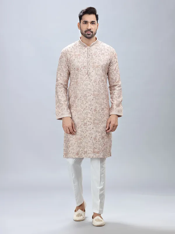 Beige shade cotton silk kurta set for men
