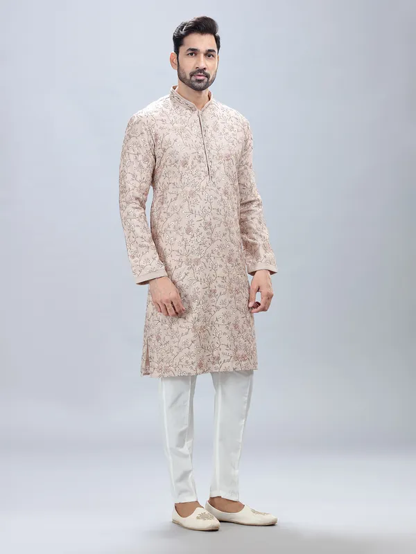 Beige shade cotton silk kurta set for men