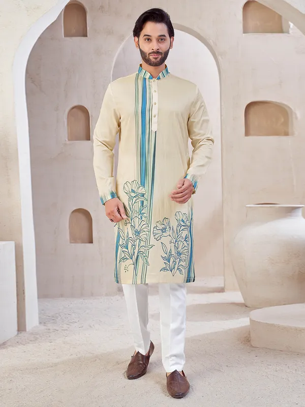 Beige shaded cotton kurta suit for men