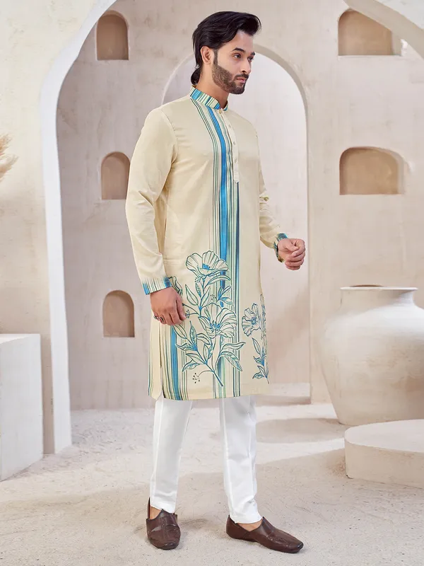 Beige shaded cotton kurta suit for men