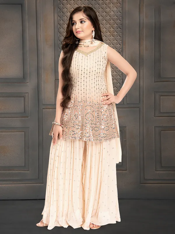 Beige shaded georgette palazzo suit