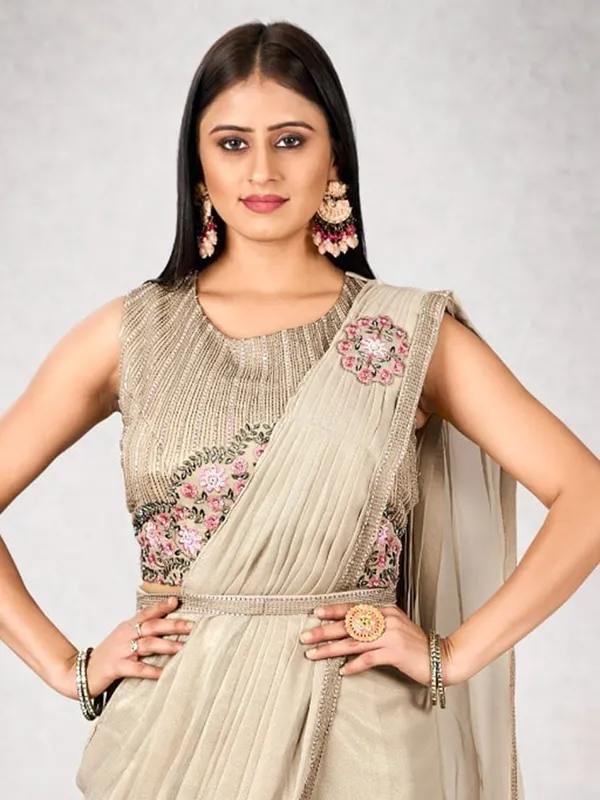 Beige shimmer georgette redy to wear saree