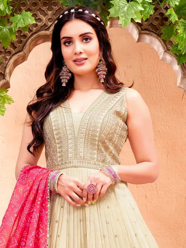 Beige silk anarkali suit for women