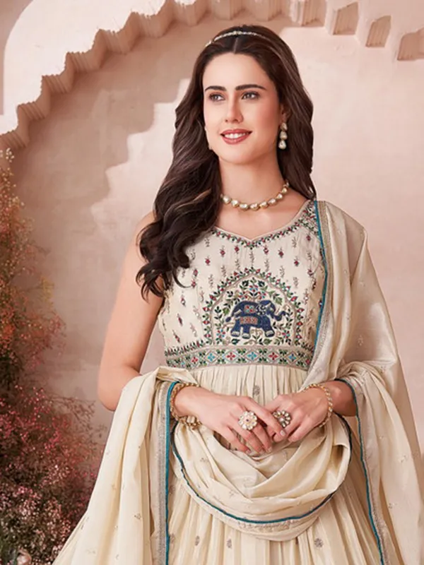 Beige silk anarkali suit for women wedding wear