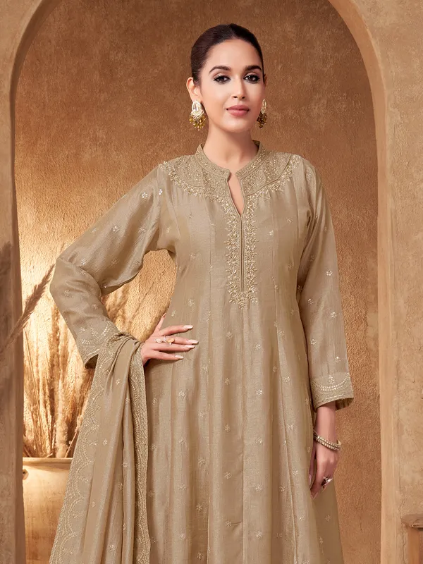 Beige silk collar neck zardosi salwar suit
