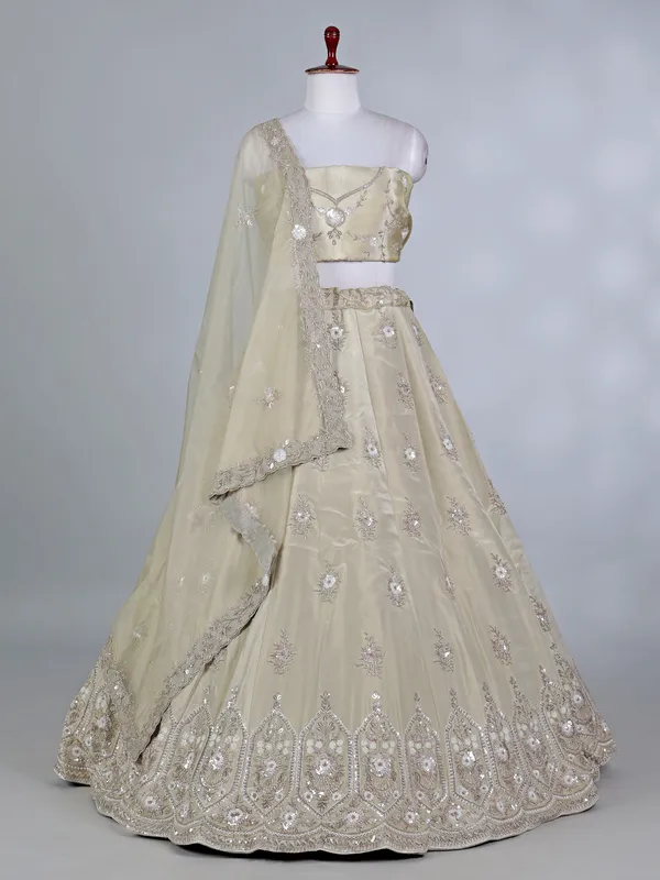Beige silk cutdana and sequins bridal lehenga choli