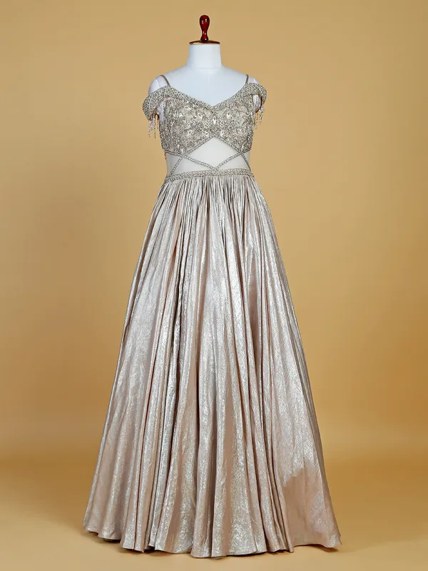 Beige silk designer gown