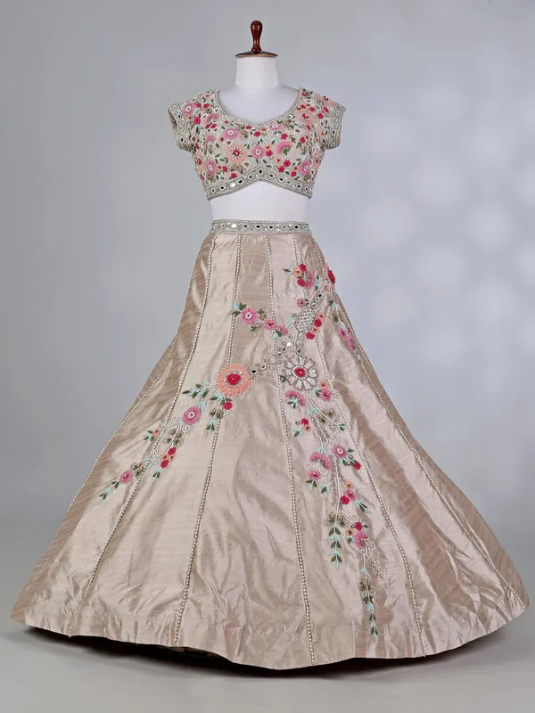 Beige silk designer lehenga choli with zardosi work