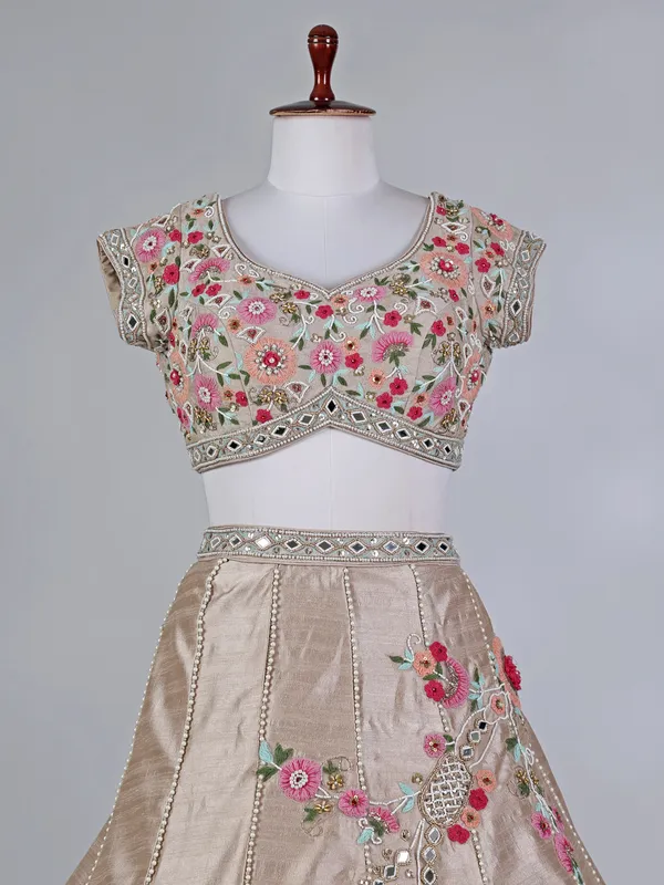 Beige silk designer lehenga choli with zardosi work