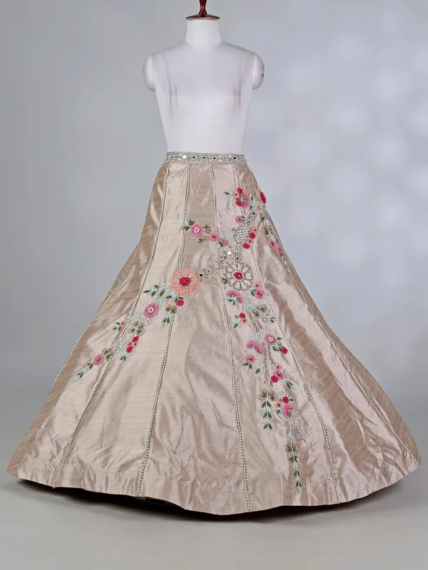 Beige silk designer lehenga choli with zardosi work