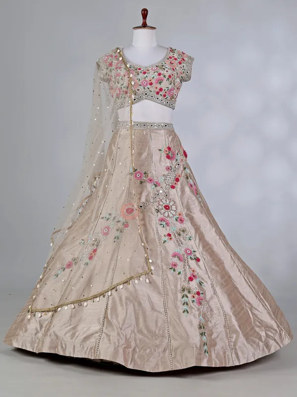 Beige silk designer lehenga choli with zardosi work
