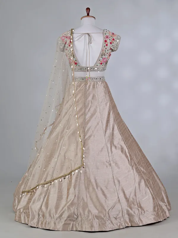 Beige silk designer lehenga choli with zardosi work