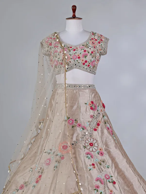 Beige silk designer lehenga choli with zardosi work