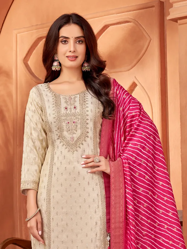Beige silk diamond work straight cut salwar suit
