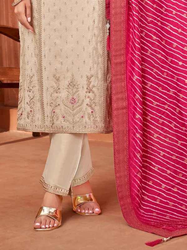 Beige silk diamond work straight cut salwar suit