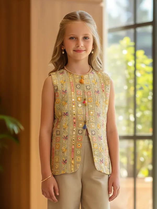 Beige silk embroidered aabla palazzo suit