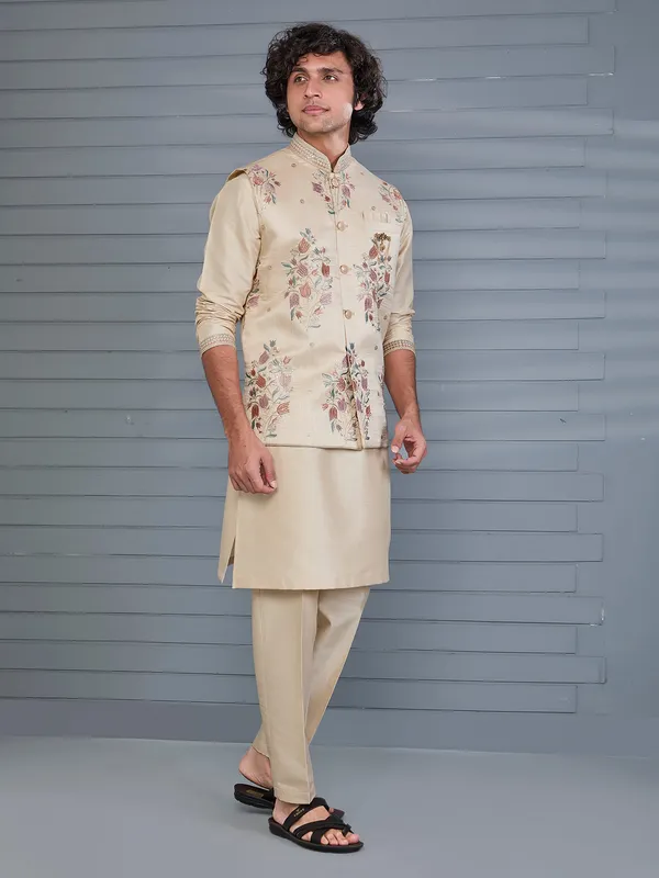 Beige silk embroidered festive waistcoat set