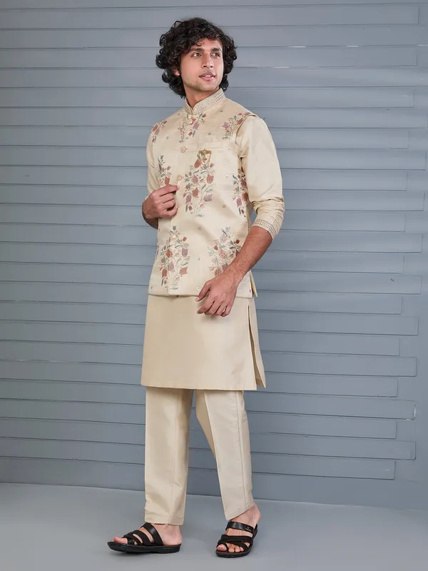 Beige silk embroidered festive waistcoat set