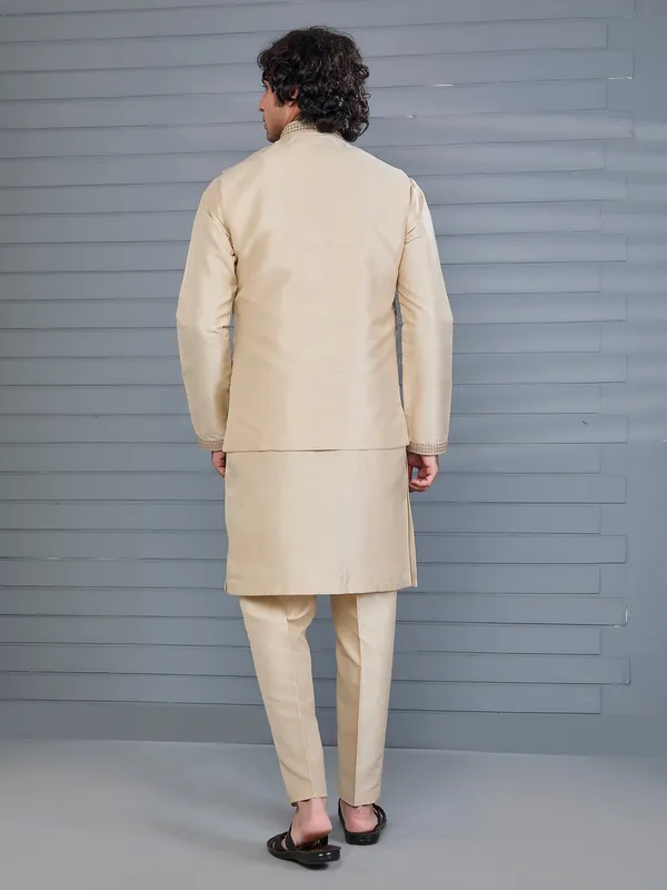 Beige silk embroidered festive waistcoat set