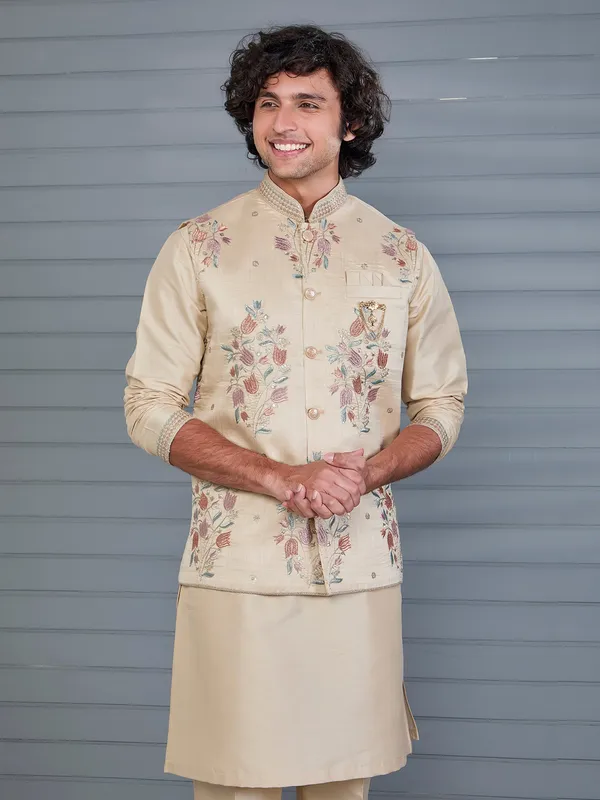 Beige silk embroidered festive waistcoat set