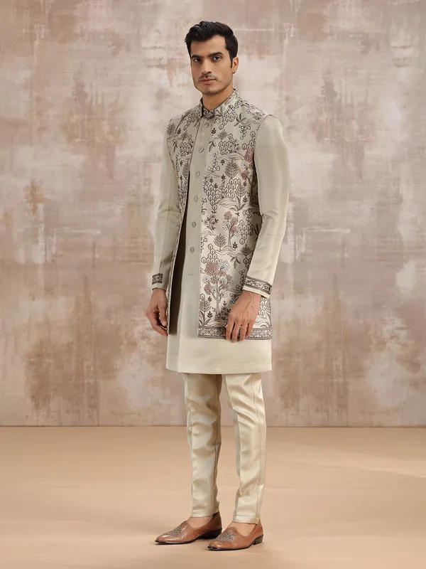 Beige silk embroidered waistcoat set