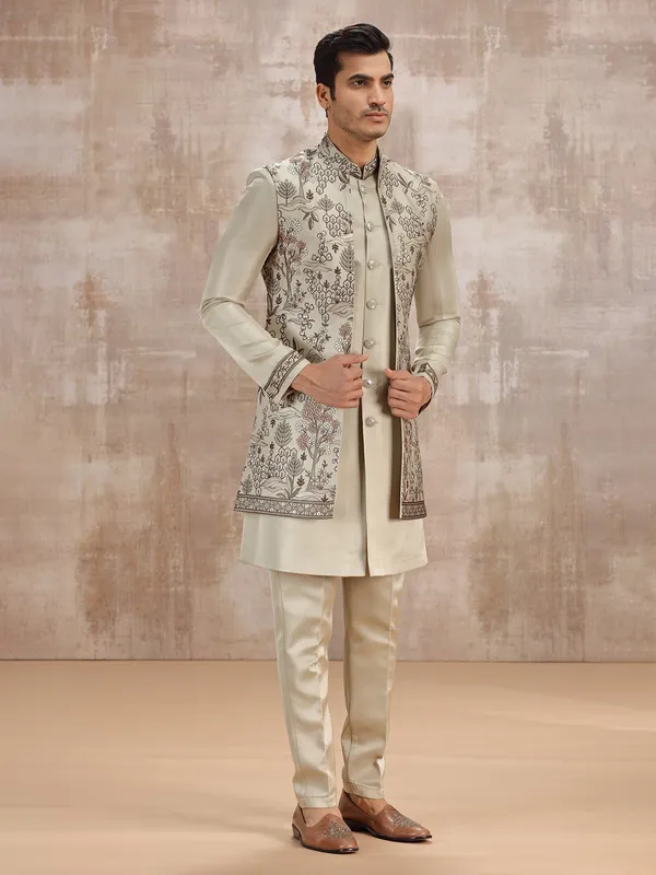 Beige silk embroidered waistcoat set