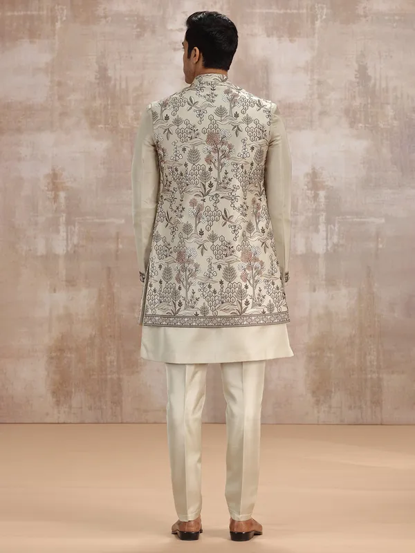 Beige silk embroidered waistcoat set