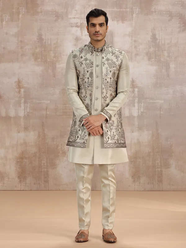 Beige silk embroidered waistcoat set