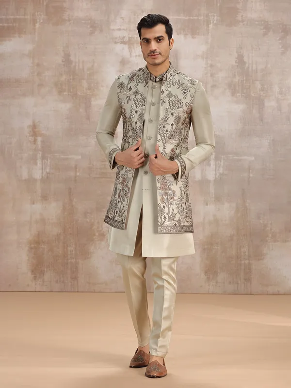 Beige silk embroidered waistcoat set