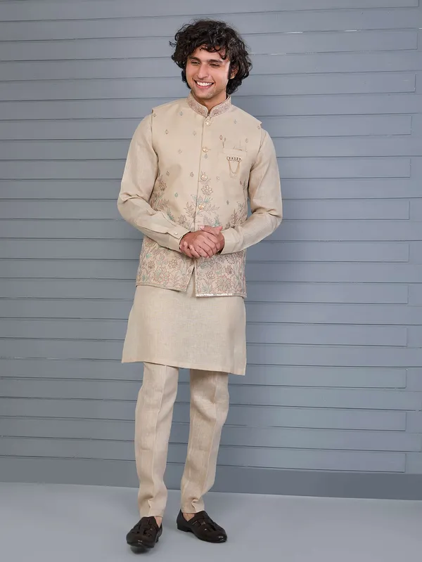 Beige silk embroidered wedding waistcoat set