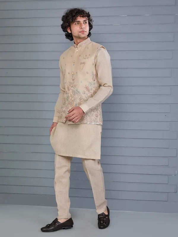 Beige silk embroidered wedding waistcoat set