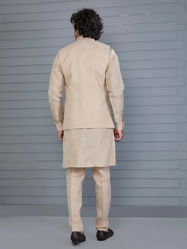 Beige silk embroidered wedding waistcoat set