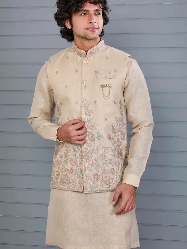 Beige silk embroidered wedding waistcoat set