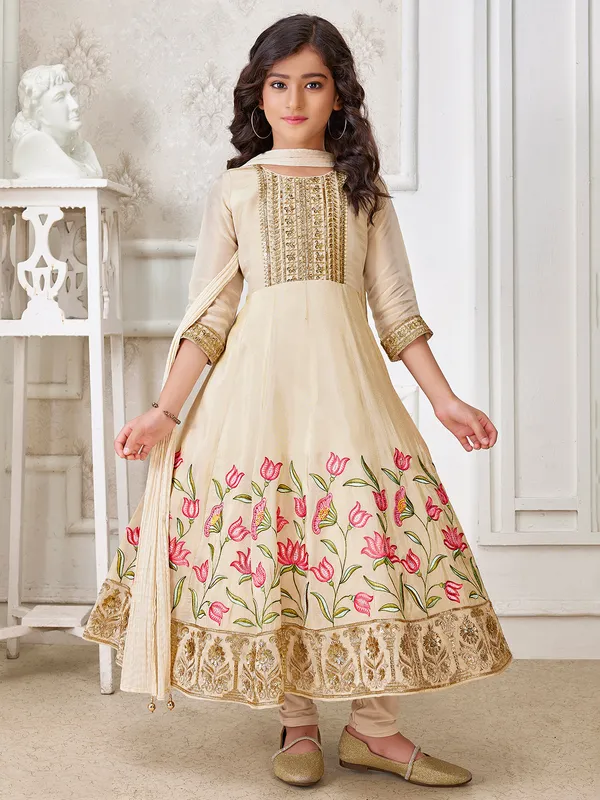 Beige silk embroidery anarkali salwar sut