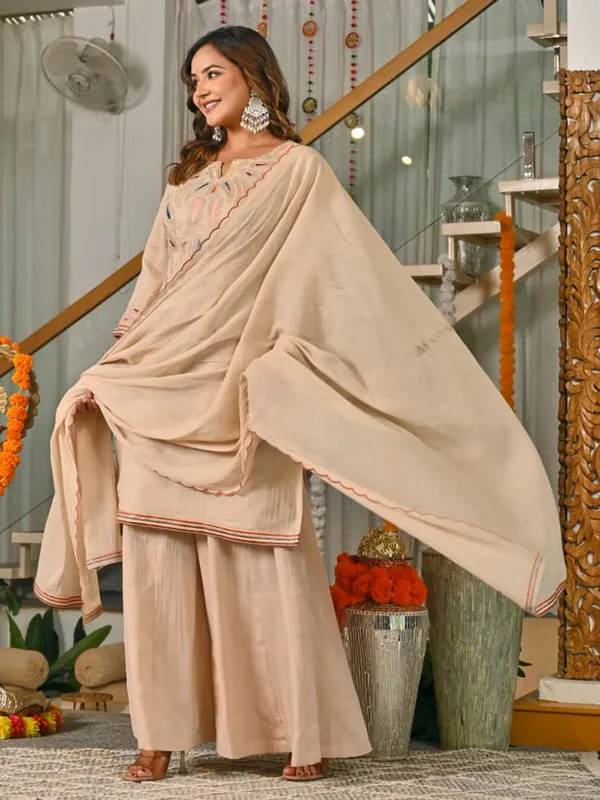 Beige silk festive palazzo set with dupatta