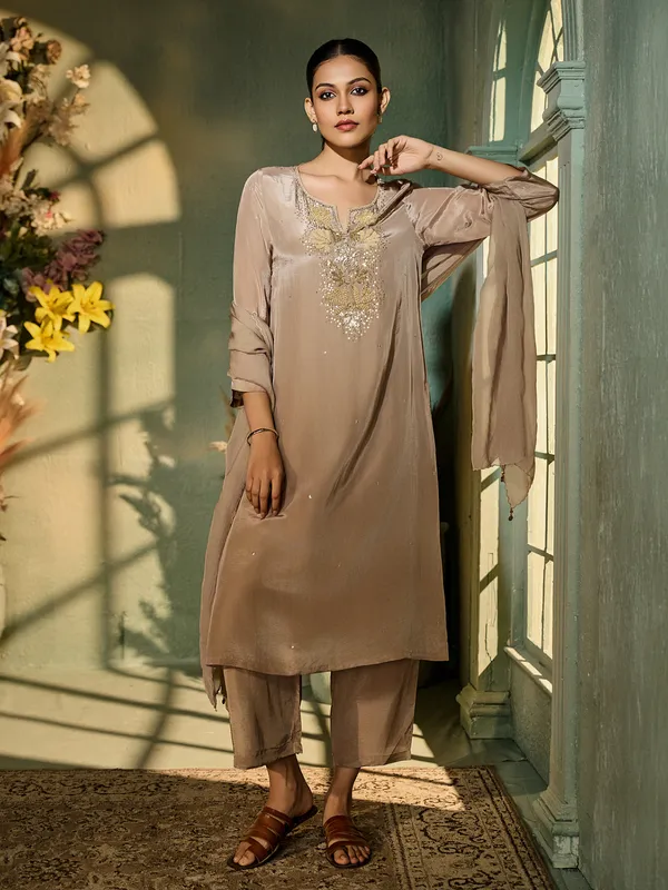 Beige silk festive wear kurti set with dupatta