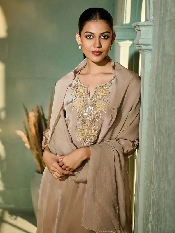 Beige silk festive wear kurti set with dupatta