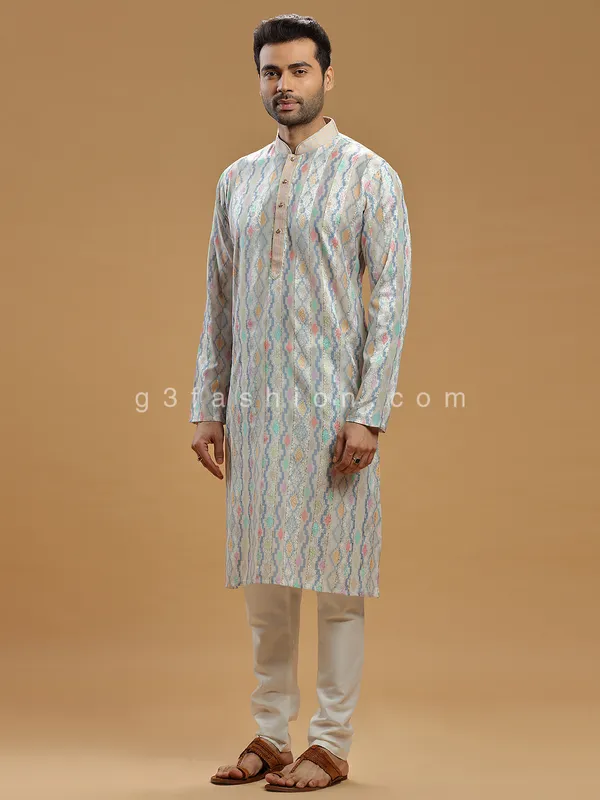 Beige silk festive wear printed kurta suit for men