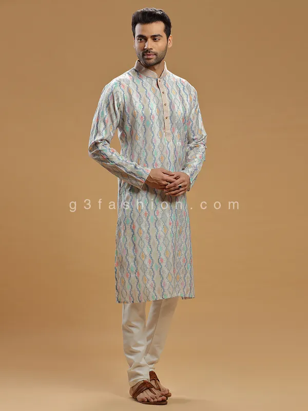 Beige silk festive wear printed kurta suit for men