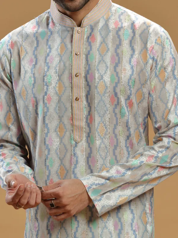 Beige silk festive wear printed kurta suit for men