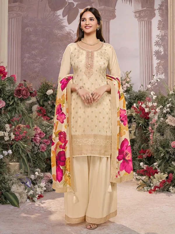 Beige silk festive wear salwar suit for women