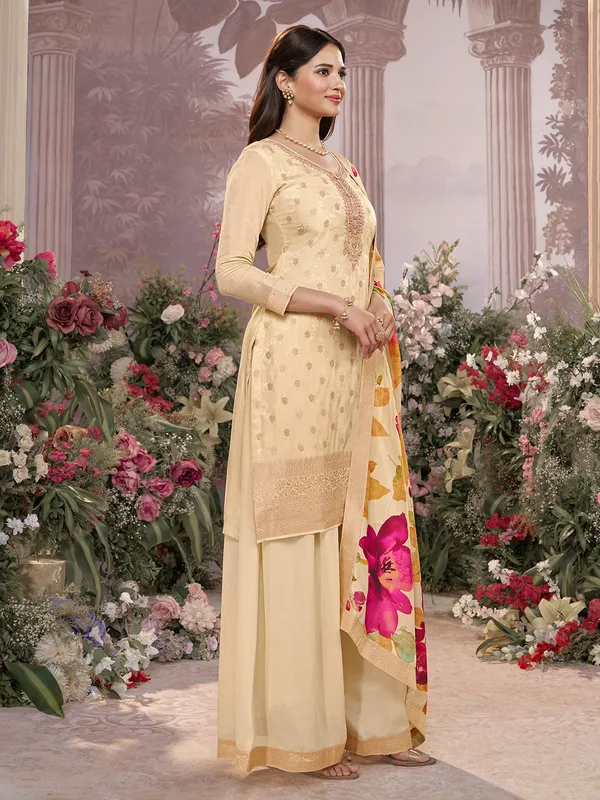 Beige silk festive wear salwar suit for women