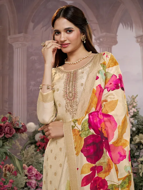 Beige silk festive wear salwar suit for women
