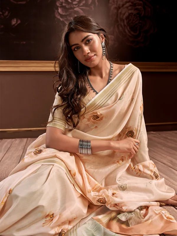 Beige silk floral printed saree