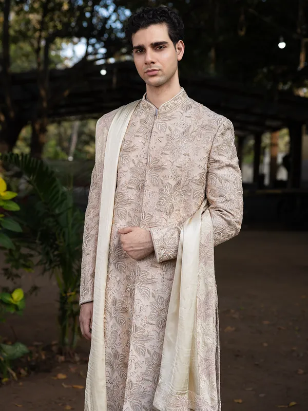 Beige silk groom sherwani
