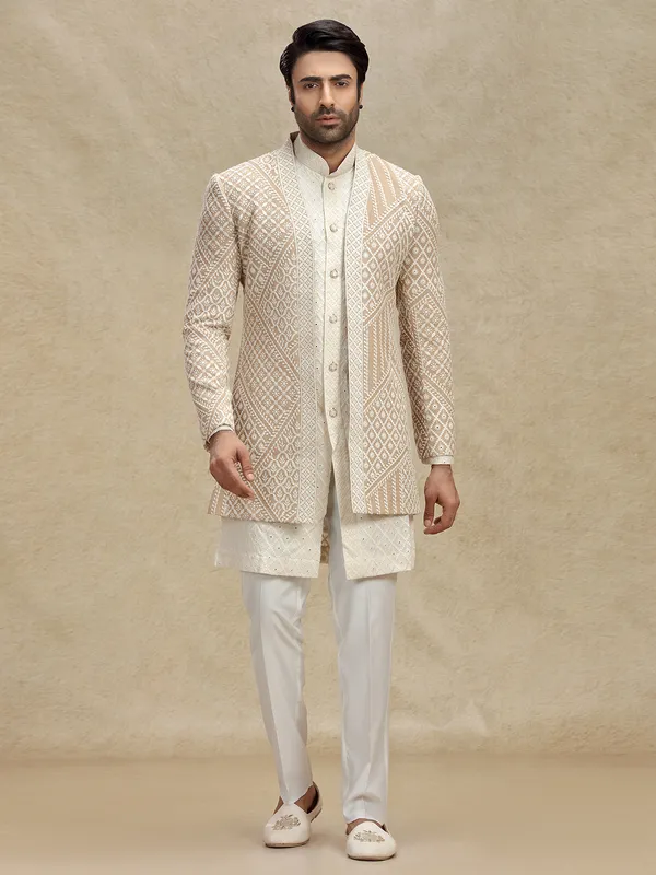 Beige silk indo western with embroidery jacket