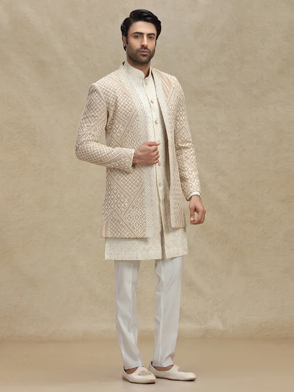 Beige silk indo western with embroidery jacket