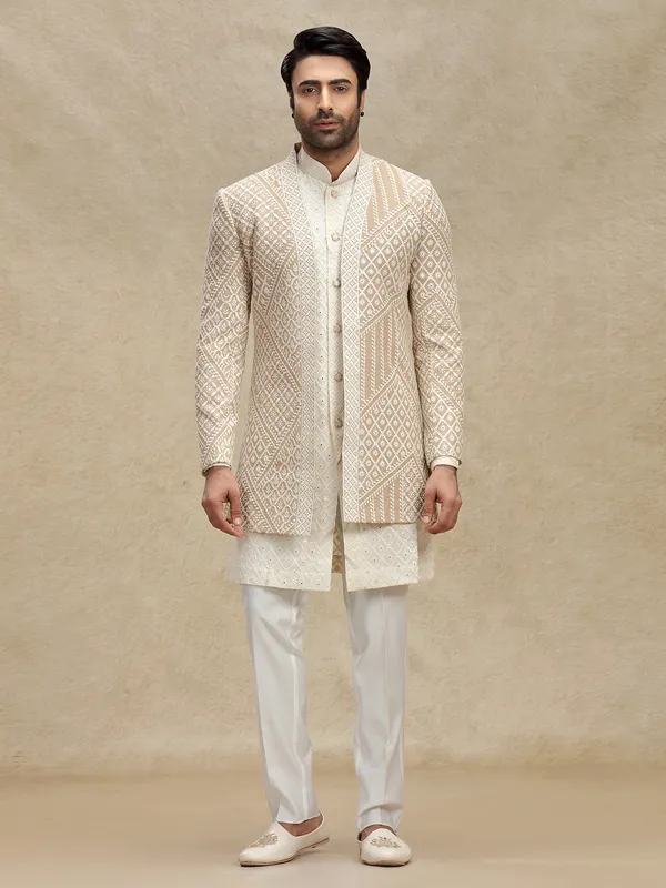 Beige silk indo western with embroidery jacket